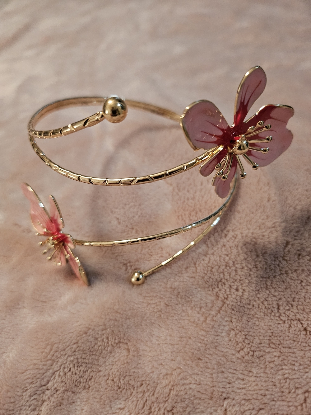 Gold-Tone Pink Floral Wrap Arm Bracelet